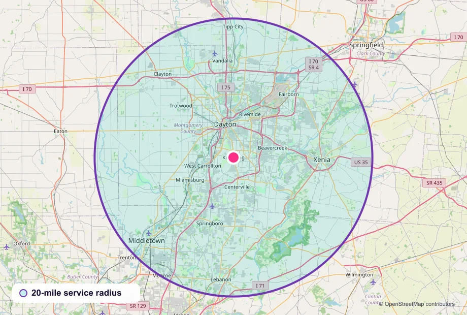 Map of Greater Dayton centered on Kettering, Ohio, with a 20-mile service radius circle